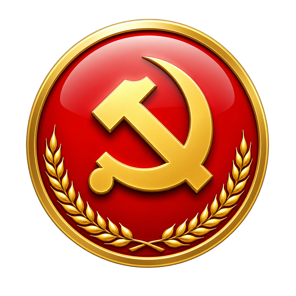 Glossy gold hammer-and-sickle party emblem with wheat ears on a red lacquer badge