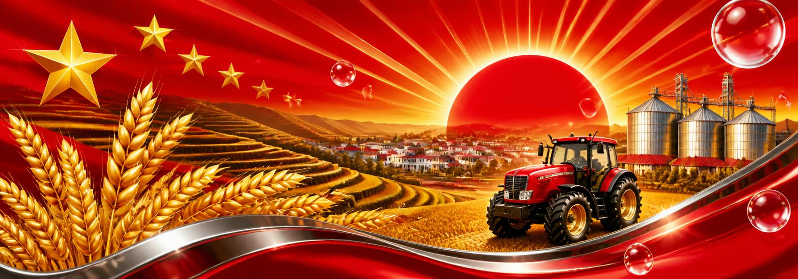 Glossy red banner with gold stars, terraced grain fields, a red tractor and wheat sheaves under a rising sun