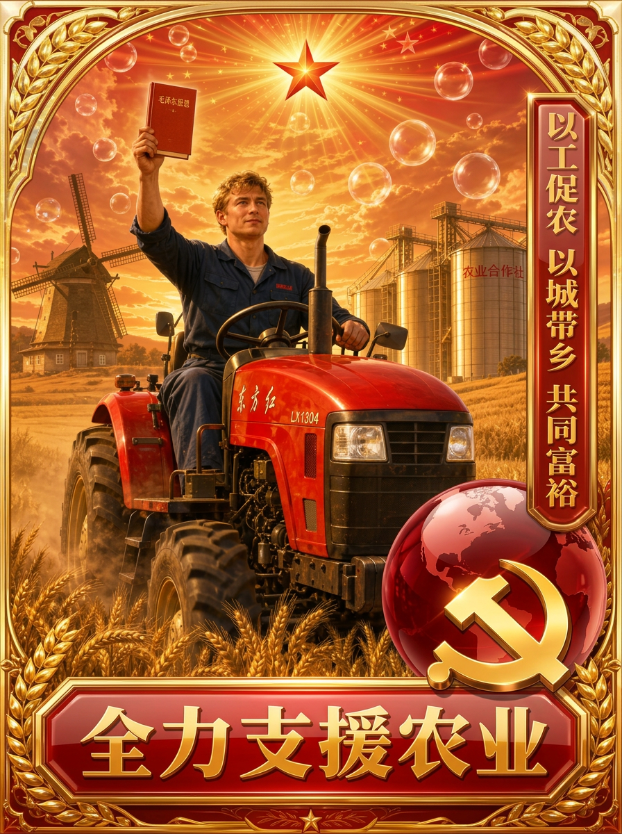 Affiche van een jonge Vlaamse tractorbestuurder die een klein rood boekje omhooghoudt boven gouden graanvelden, met molen en graansilo's achter hem