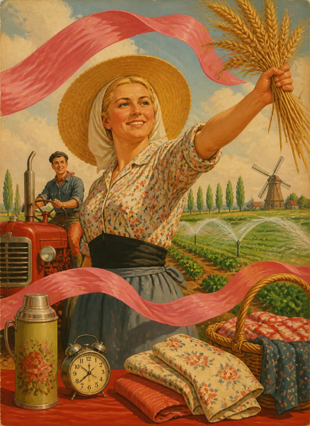 Painted propaganda-style poster of a smiling Flemish farm woman in a straw hat holding wheat sheaves, with a red tractor, sprinklers, poplars and a windmill behind her